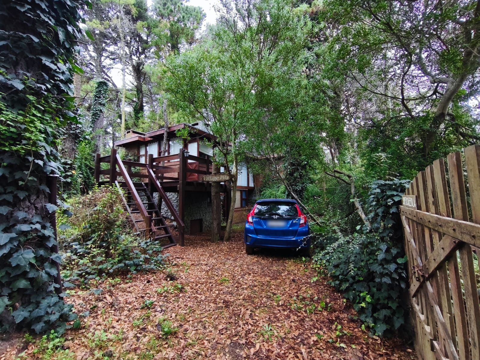 Entrada vehicular abierta: un auto estacionado dentro del terreno, sobre el manto de hojas, junto a la escalera de madera que sube al deck.