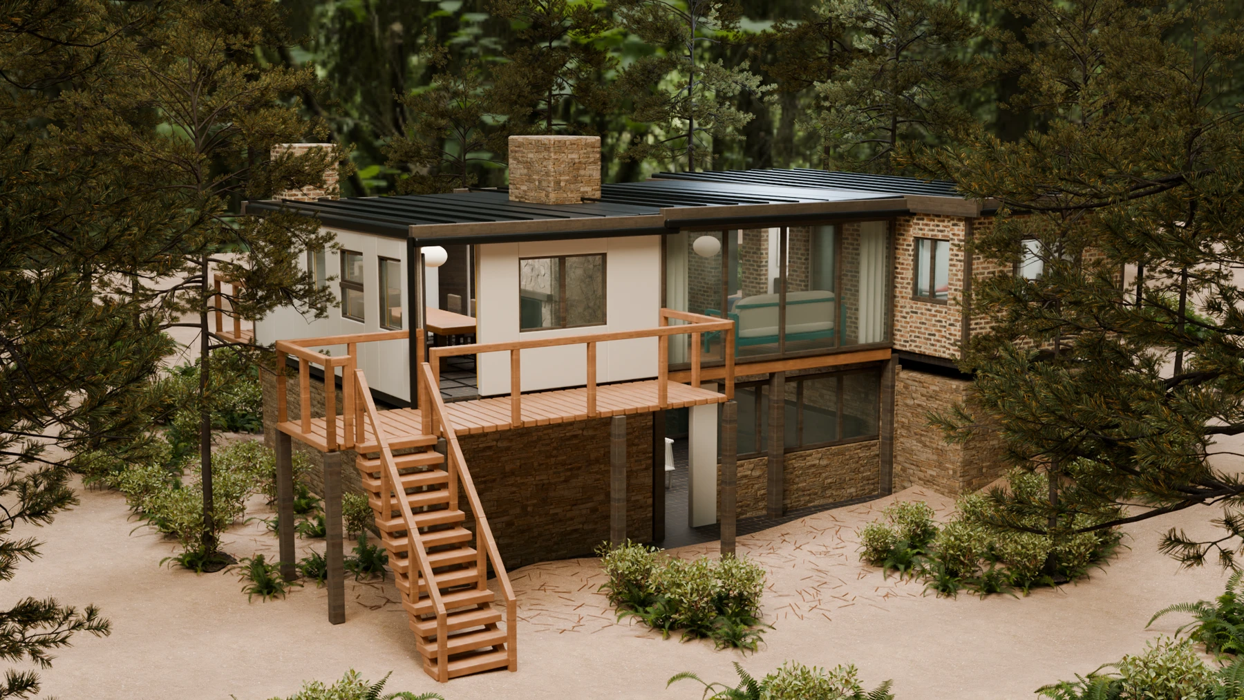 Reconstrucción 3D del exterior de Village Pila entre los pinos